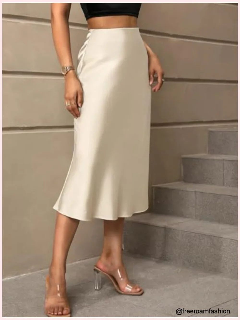 Women's Satin Midi Skirt with Fishtail Hem High Waisted A-Line